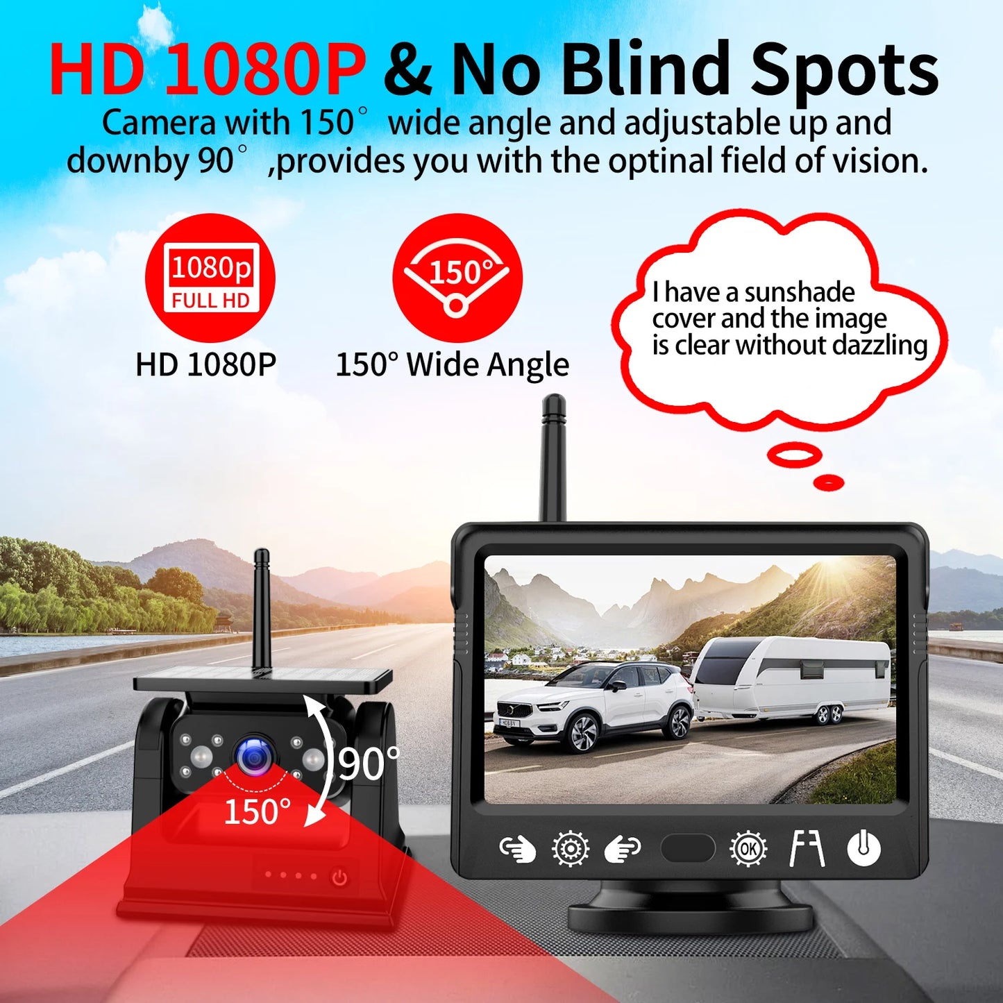Conewvehicle Solar Magnetic Wireless HD 1080P Night Vision Backup Camera for RVs