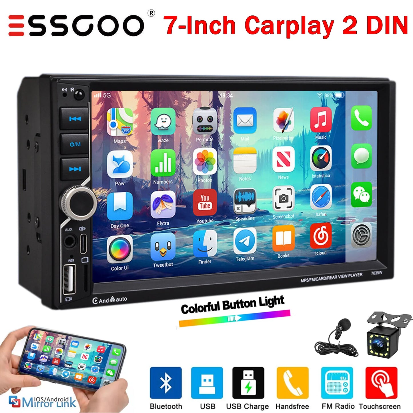 ESSGOO Car Stereo With Wireless CarPlay Android Bluetooth Rear Camera