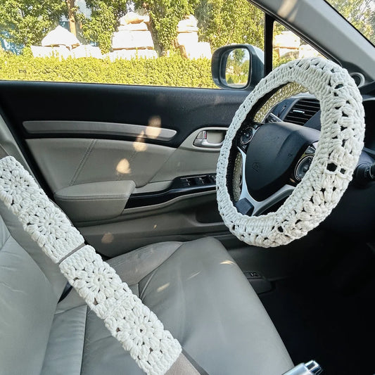 Handmade Crochet Boho Steering Wheel Cover Seatbelt Cover