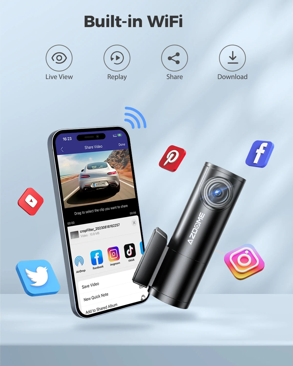 AZDOME 1296P Dash Cam With WiFi Night Vision G Sensor Parking